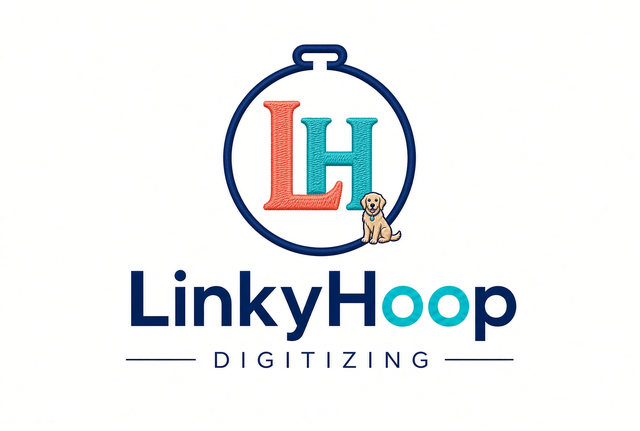 The original picture: The LinkyHoop logo: an embroidery hoop with an L and H monogram, a puppy, and the word LinkyHoop below.